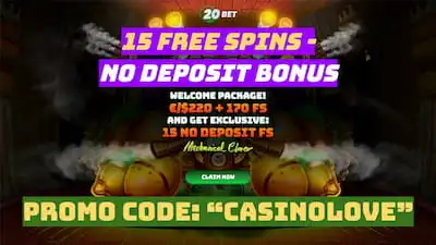 15 free spinów - kod promocyjny "casinolove". Bonusy 20bet casino